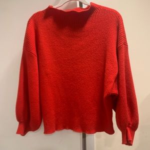 Line & Dot scarlet red sweater with high neck, dolman sleeves.